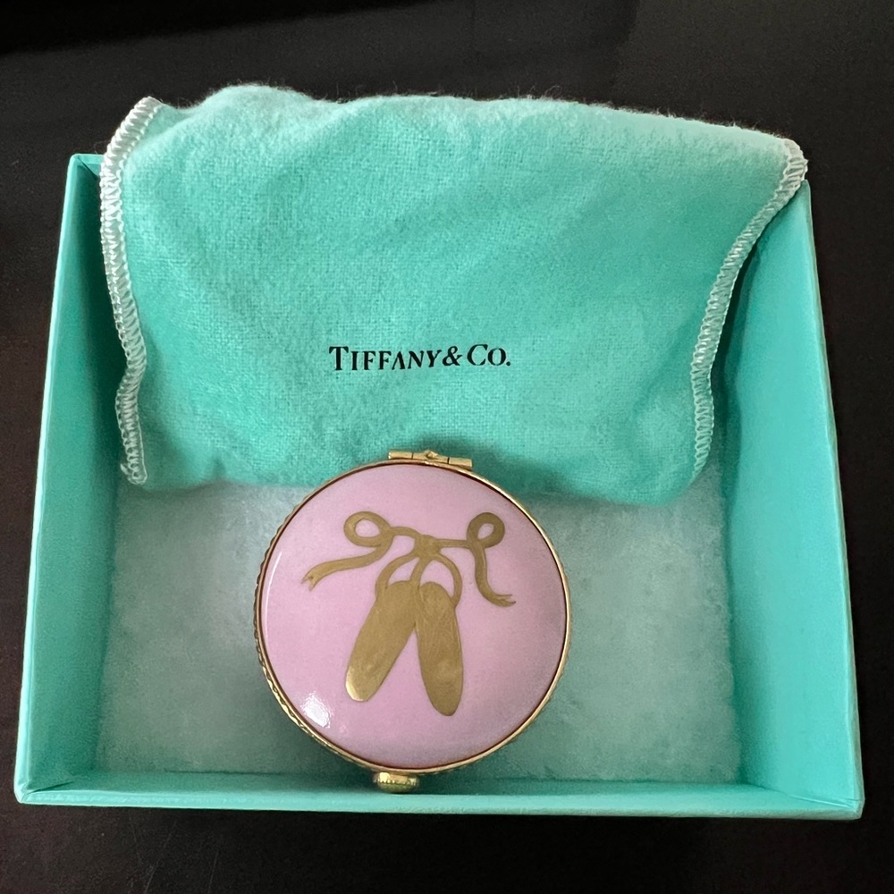 Tiffany & Co Pink Ballerina Dance Shoes trinket Box Gold trim